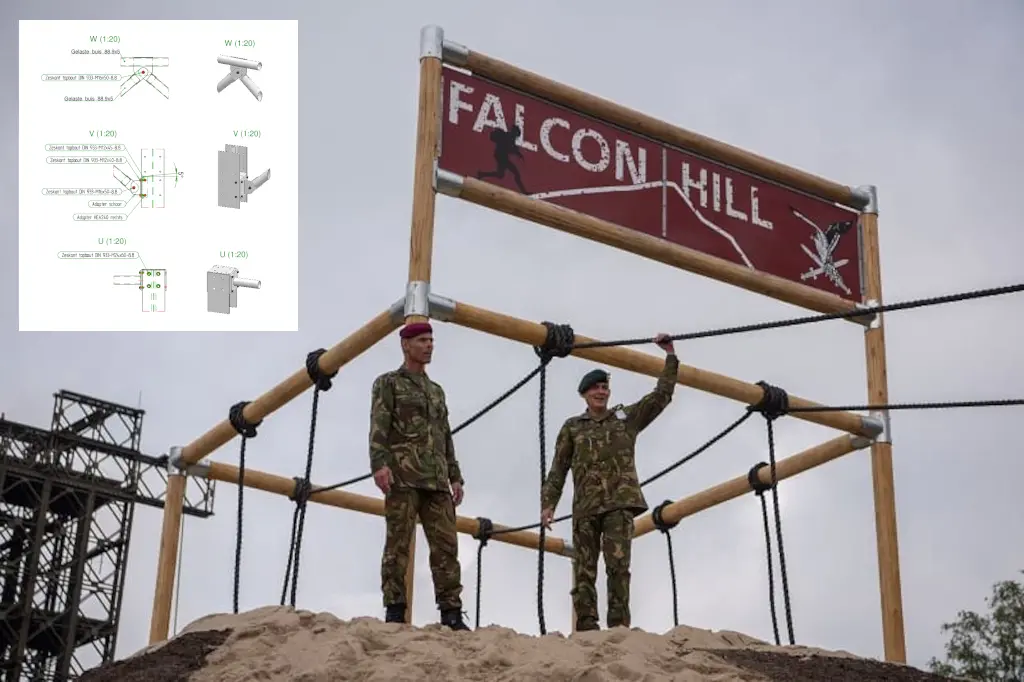 Survivalrunbaan in gebruik door defensie met detailtekening van thermisch verzinkte koppelstukken